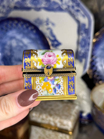 Vintage Limoges France Hand-Painted Porcelain Perfume Chest with 3 Cobalt Glass Bottles