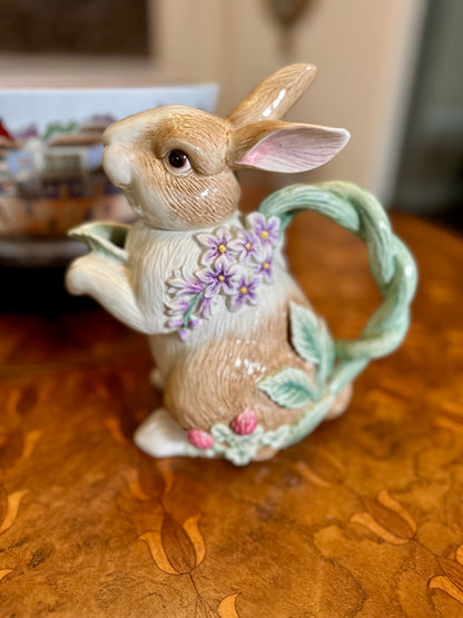 Adorable Fitz & Floyd “Botanical Bunny” Tea Service — Teapot, Lidded Sugar with Spoon & Creamer