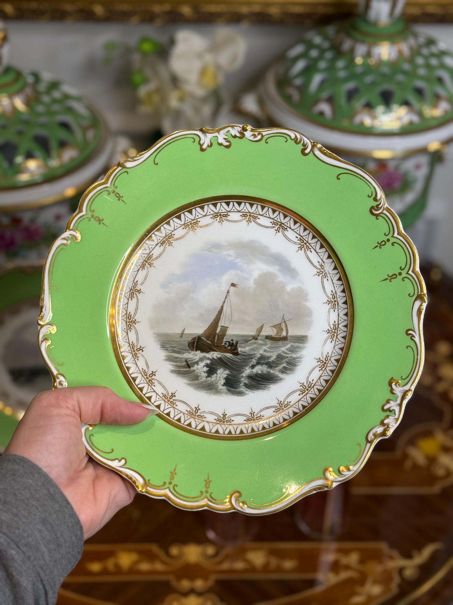 Pair of Ridgway Seascape Plates, c. 1870 | Green-Ground with Gilt, 9” Diameter