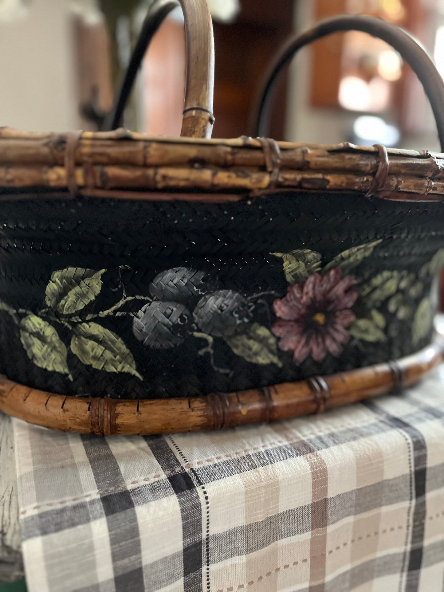 Live 06/29 Vintage Tracy Porter Hand-Painted Woven Market Basket with Bamboo Trim 23 1/2 x 17 X 8