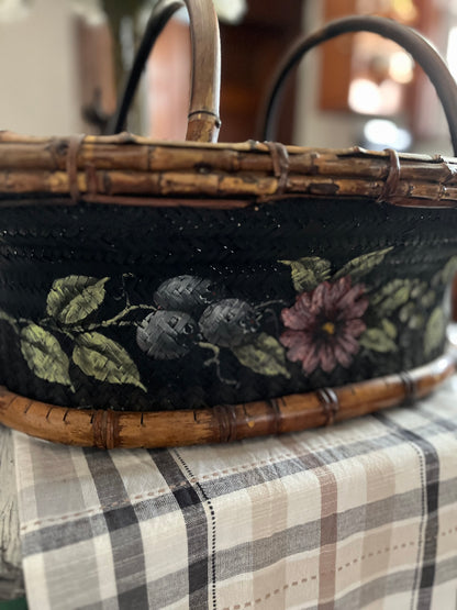Live 06/29 Vintage Tracy Porter Hand-Painted Woven Market Basket with Bamboo Trim 23 1/2 x 17 X 8