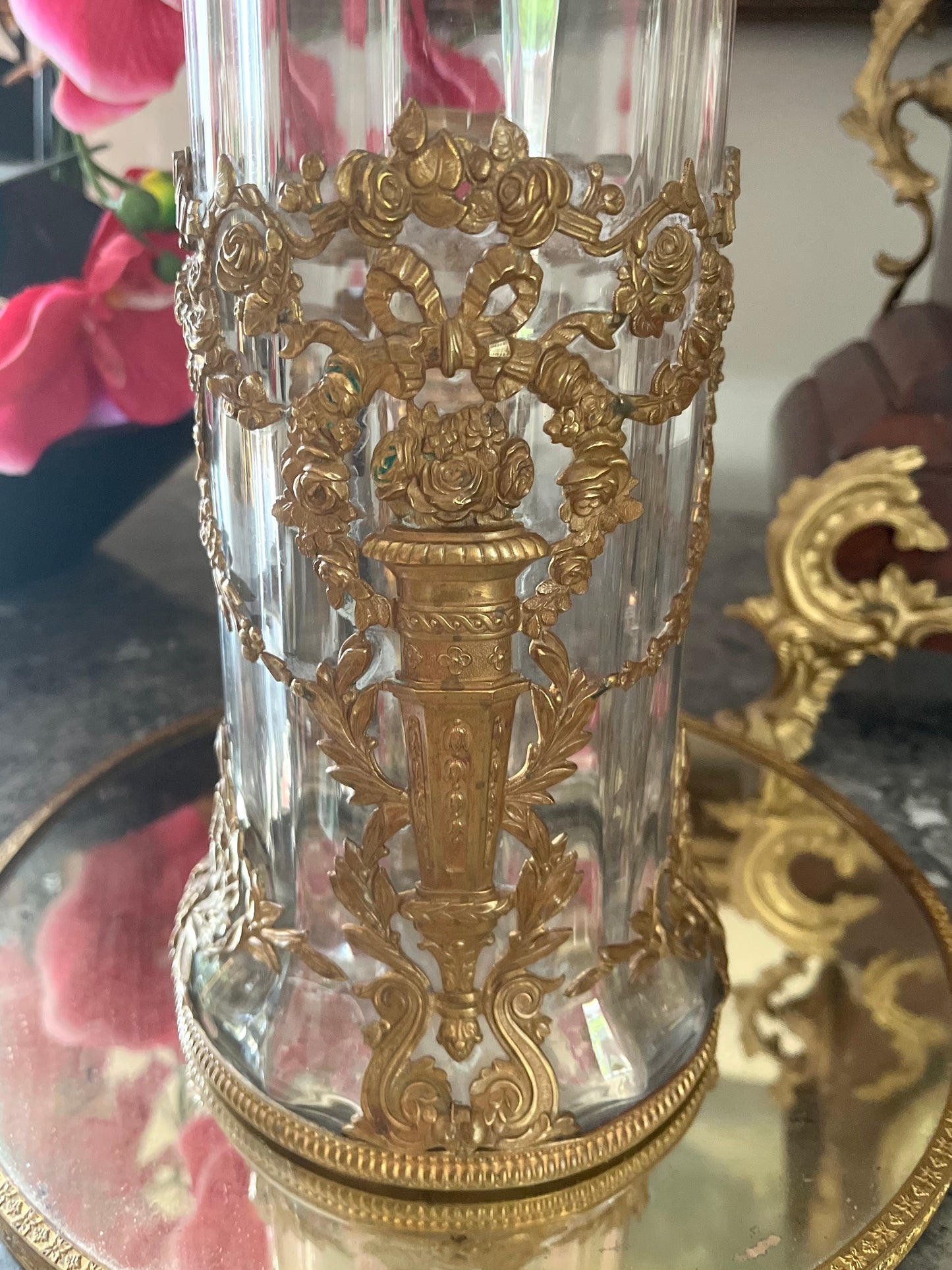Antique French Ormolu-Mounted Glass Vase - Louis XVI Style - Rose Garlands & Love Trophy - c. Pre-1891