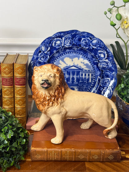 RESERVED - LION - Antique Staffordshire Lion Figure | English Pottery Mantel Ornament | 9” Wide