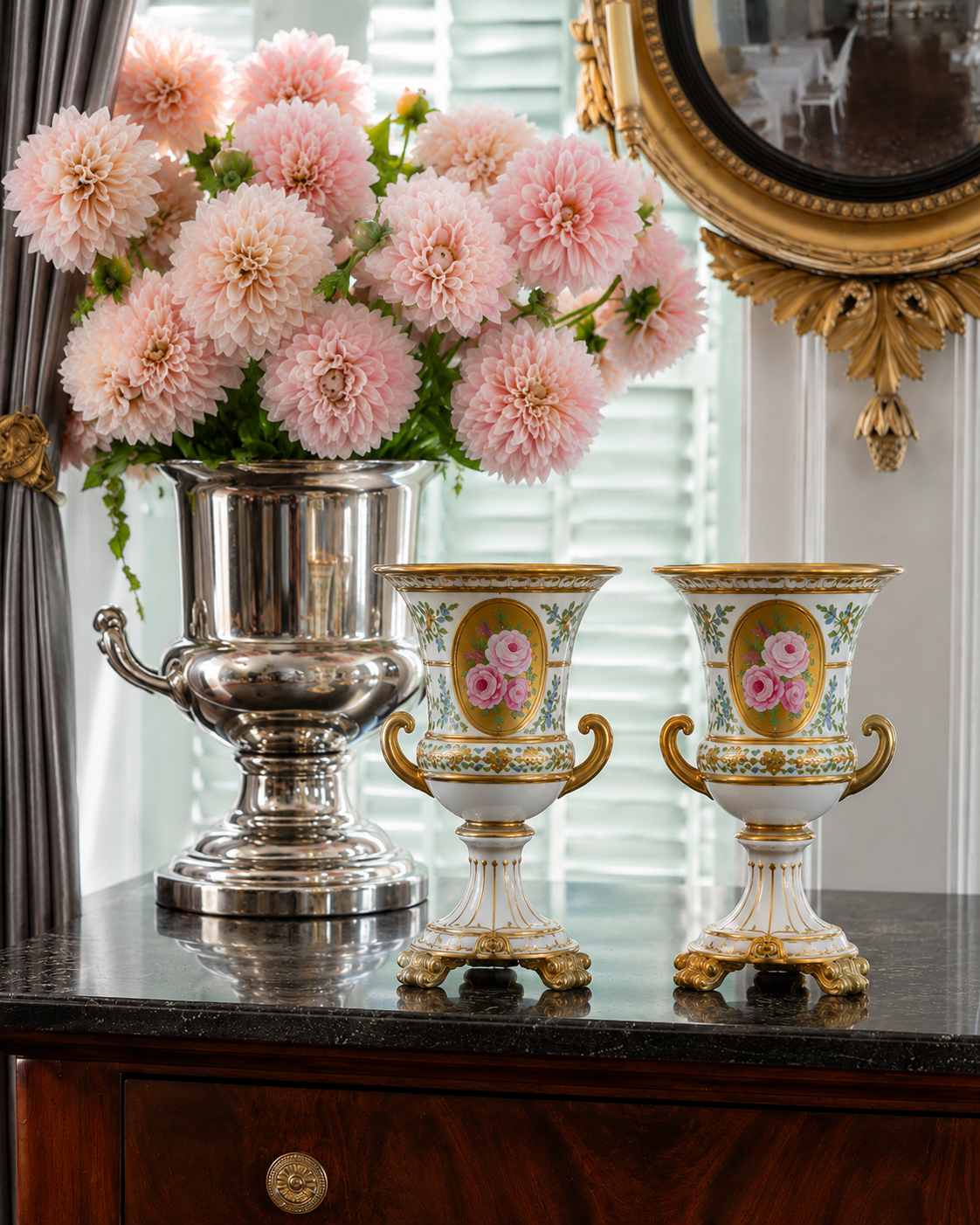 Antique Cir. 1900, Royal Crown Derby Vase Pair W/ Painted Roses, 5” tall, 3”D #DA4445