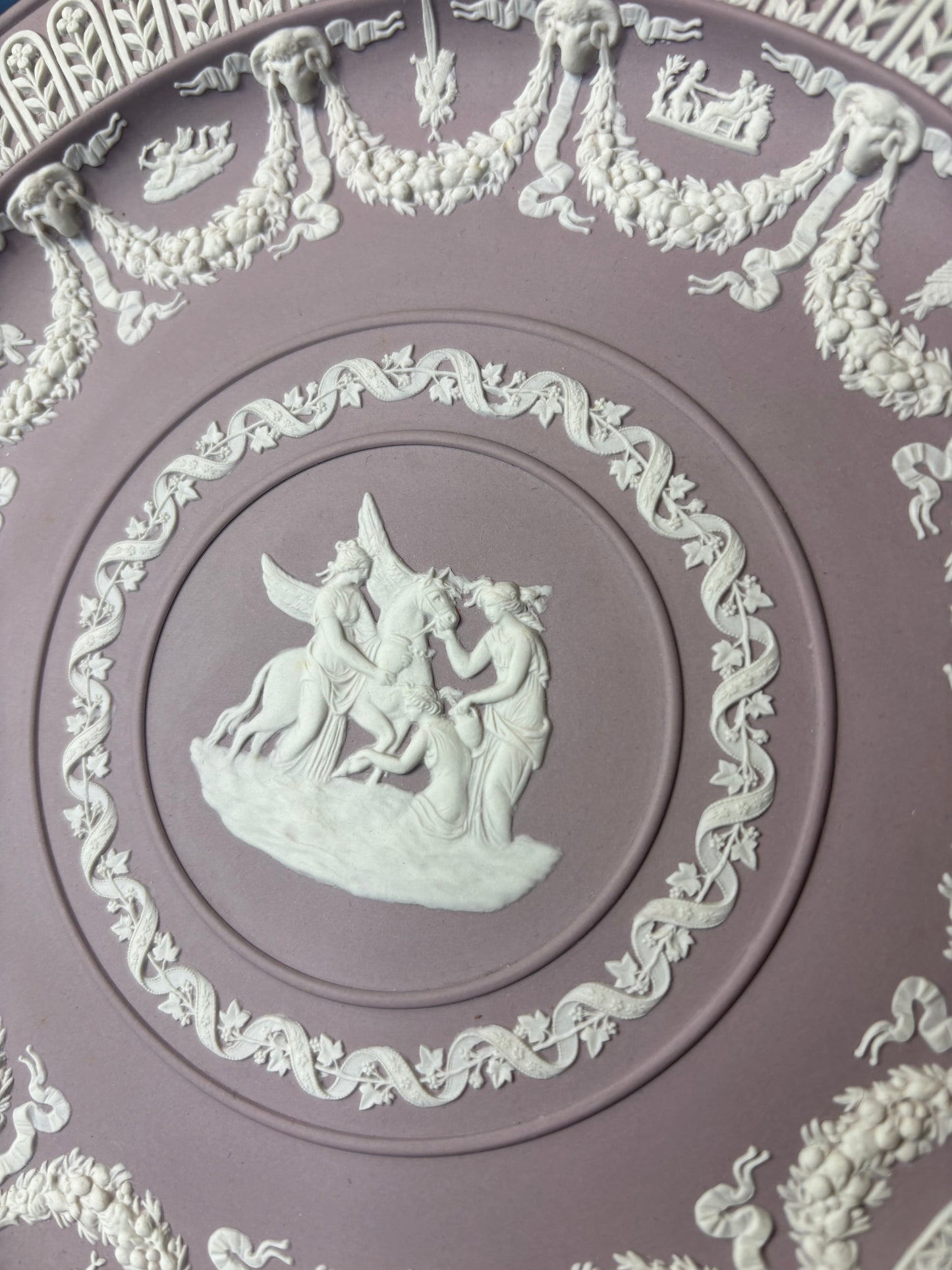 RARE Wedgwood Lilac Jasperware Trophy Plate featuring a white bas-relief of the Greek goddess Aurora in her chariot!