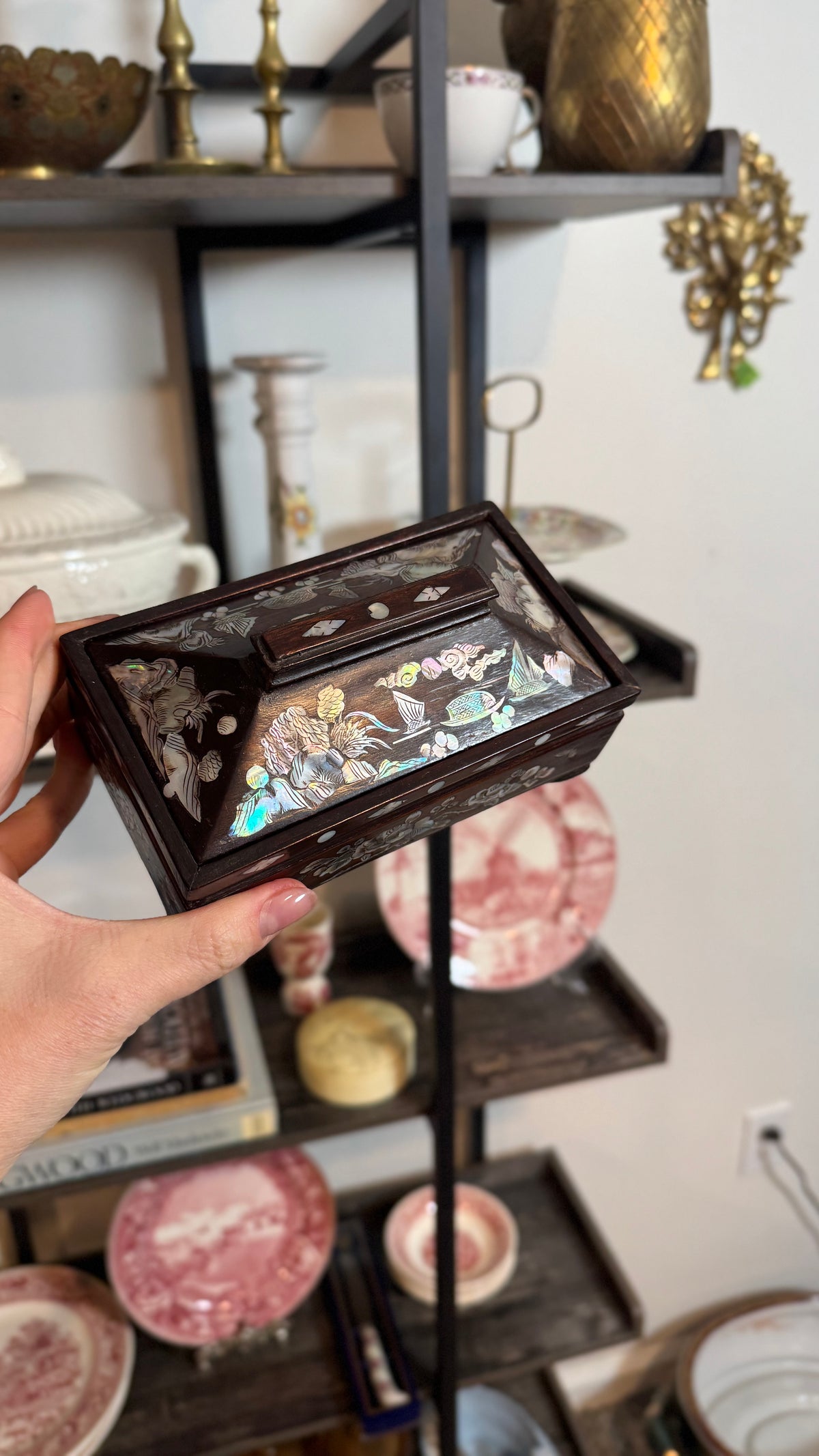 Wooden box with mother of pearl design
