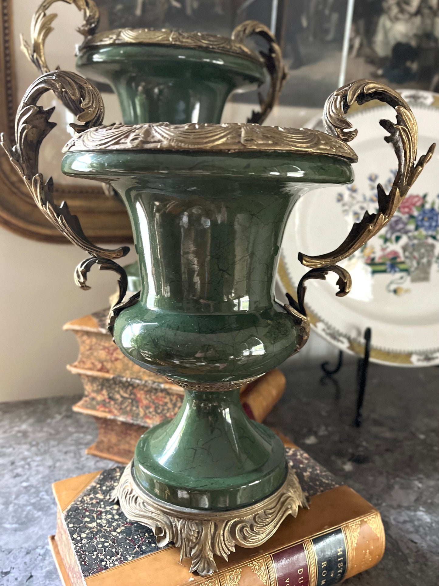 Grand Pair of French Empire Style Bronze-Mounted Urns in Antique Moss Green/Light Marbelization