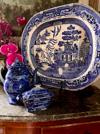 Live 08/04 Large Antique Ridgways Blue Willow Well & Tree Platter (1891–1894) | Semi China England | Historic Staple Repair | 21¼”