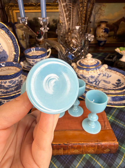 Vintage French Blue Opaline Glass Cordials | Set of 4 | Petite Stemmed Goblets | 3.25”