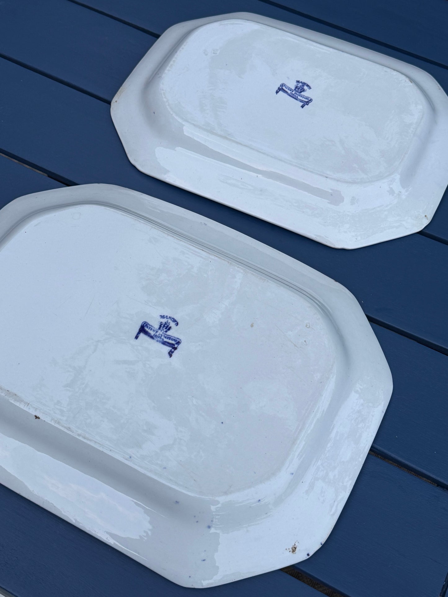 Antique Pair (2) Mason's Ironstone "India Pheasant" Blue & White Platters | Pair | Large & Small | c.1820 | Styles DA4493 & DA4494