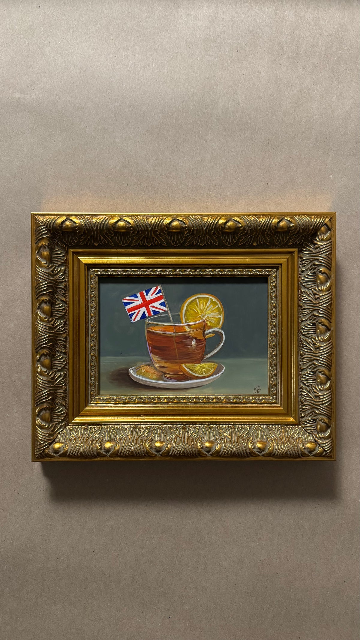 English Tea with Lemon Original Oil Painting in Ornate Gold Frame 9x11