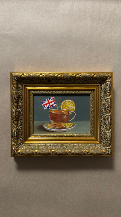 English Tea with Lemon Original Oil Painting in Ornate Gold Frame 9x11
