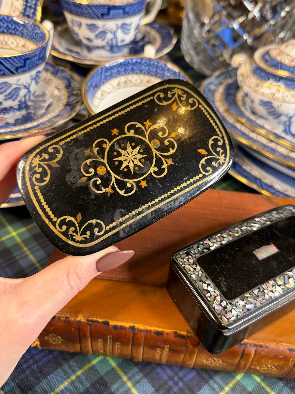 Antique Papier-Mâché Trinket Boxes | Set of 2 | Mother-of-Pearl Inlay & Gilt Decoration