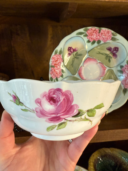 Vintage Meissen 6” Porcelain Pink Rose Bowl w/ Double Blue Sword Hallmark - Pristine!