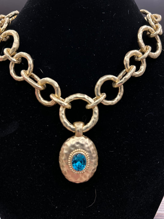 Gorgeous Vermeil Link Necklace with Stunning Blue Crystal Stone