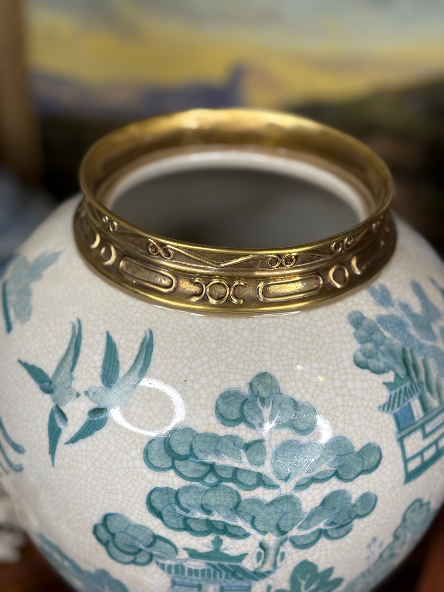 Danny's Fine Porcelain: Turquoise Willow Pattern Bronze Ormolu Temple Jar: 19”Tall,10Lx10W