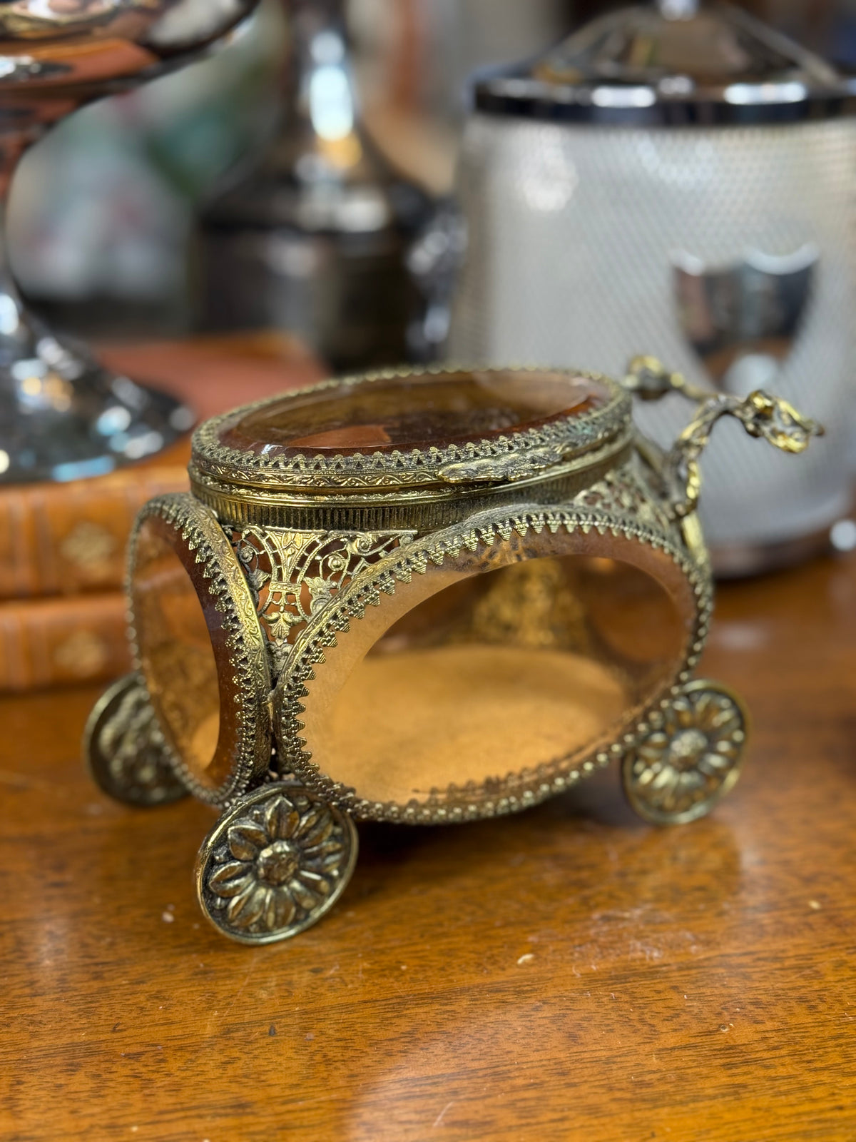 Vintage Ormolu Carriage Jewelry Casket with Amber Bubble Glass– 6”L