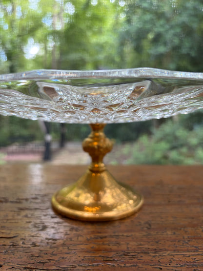 Stunning Val St. Lambert pedestal cake platter with gold plated base and floral detail!