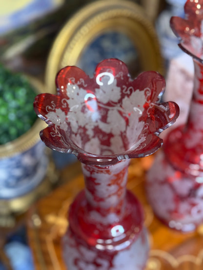 Pair of Cranberry Glass Etched Vases with Scalloped Rim | 16” Tall | Imperfect