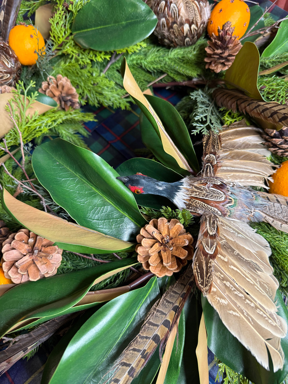 Custom English Countryside Pheasant, Magnolia & Pomander Fall Wreath | 30” Handcrafted Luxury Holiday Wreath