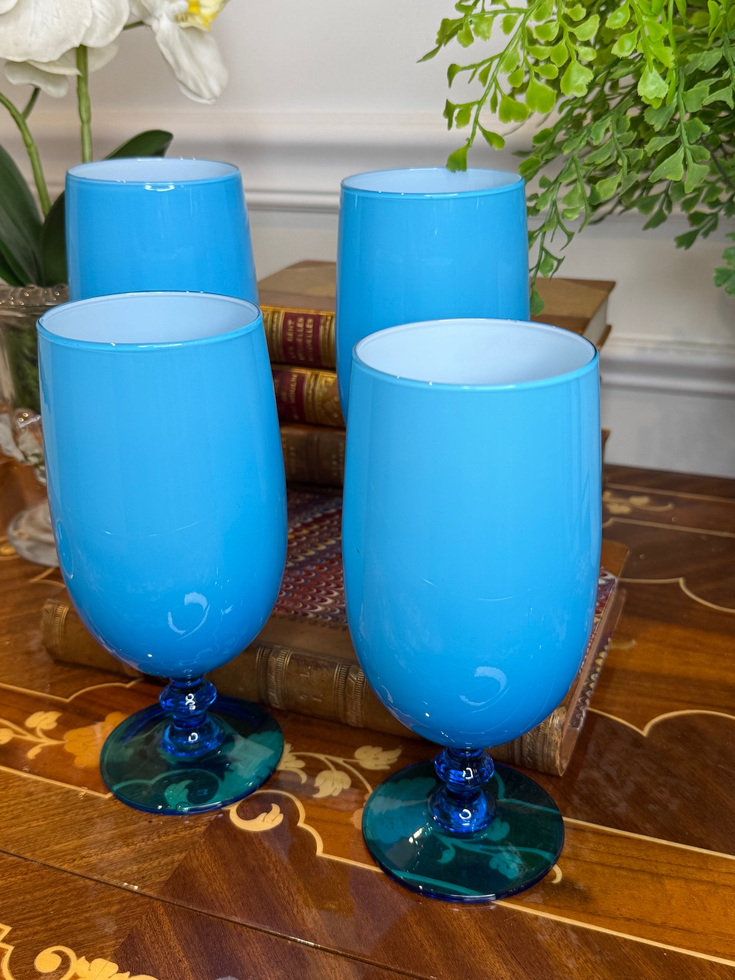 Set of (4) Carlo Moretti Blue Art Glass Water Goblets | Murano, Italy | 6.75”