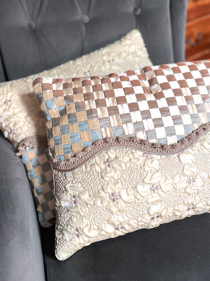 Fantastic Pair Of New Custom Designer Silk Fabric Basketweave And Trim Pillows/Zipper And Insert