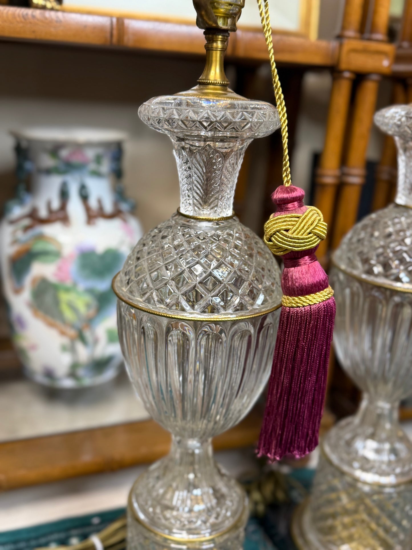 Pair of Vintage Paul Hanson Crystal & Brass Lamps | 33″ Tall - Excellent!