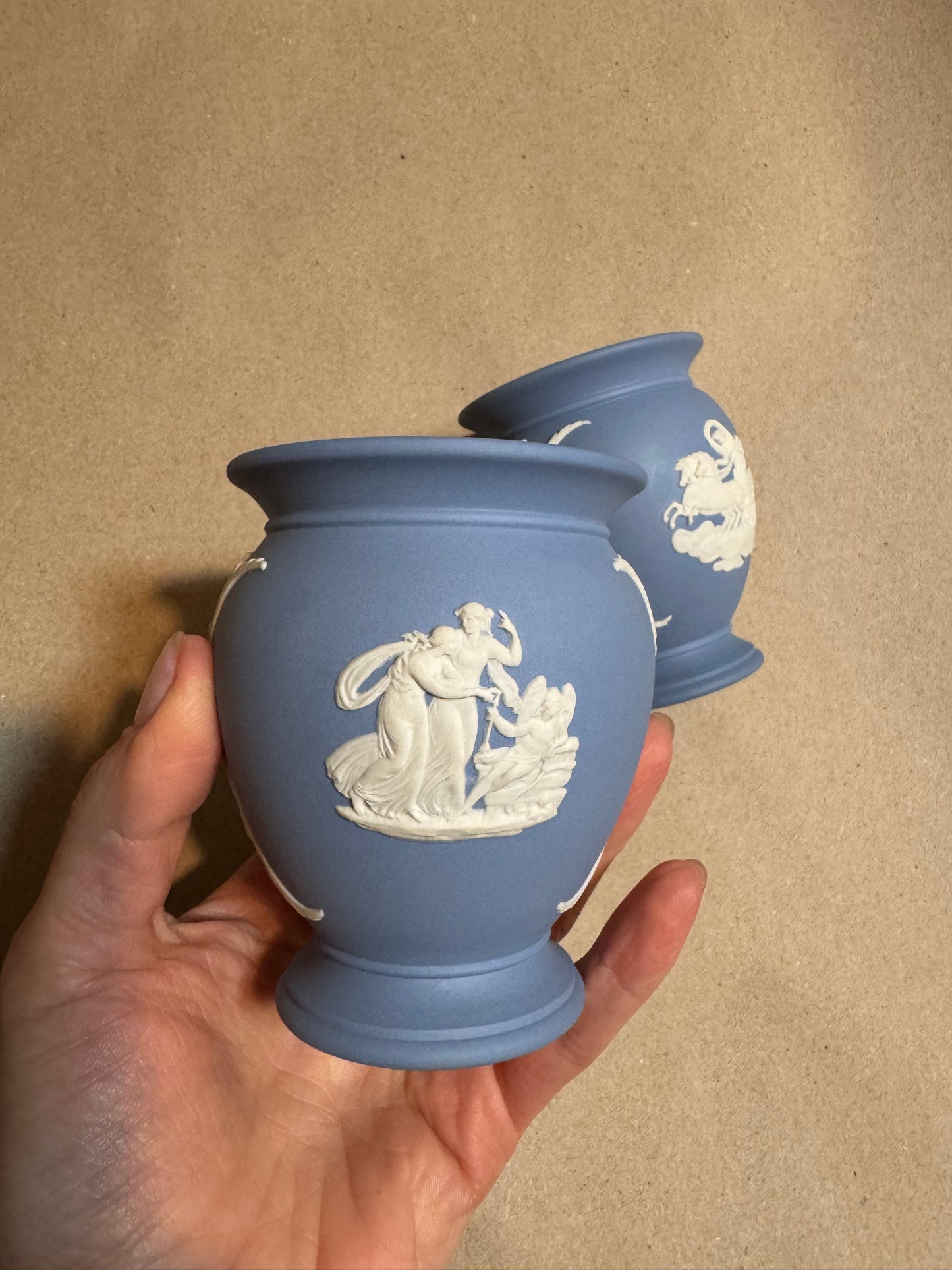 A pair of two small 4” lavender vases Wedgwood