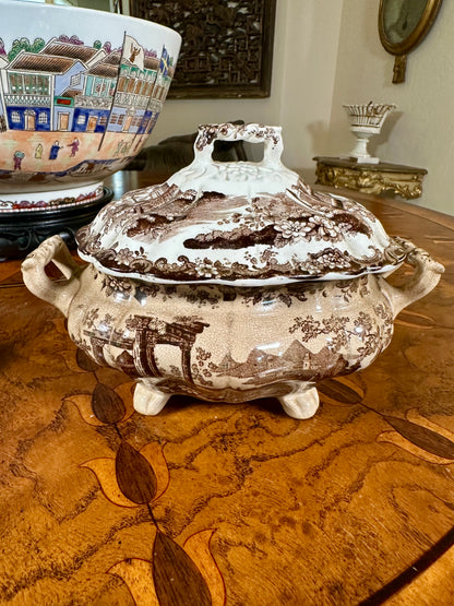 Antique English Corinthian Brown Transferware Pearlware Tureen, Lid & Stand, c. 1830s–1840s