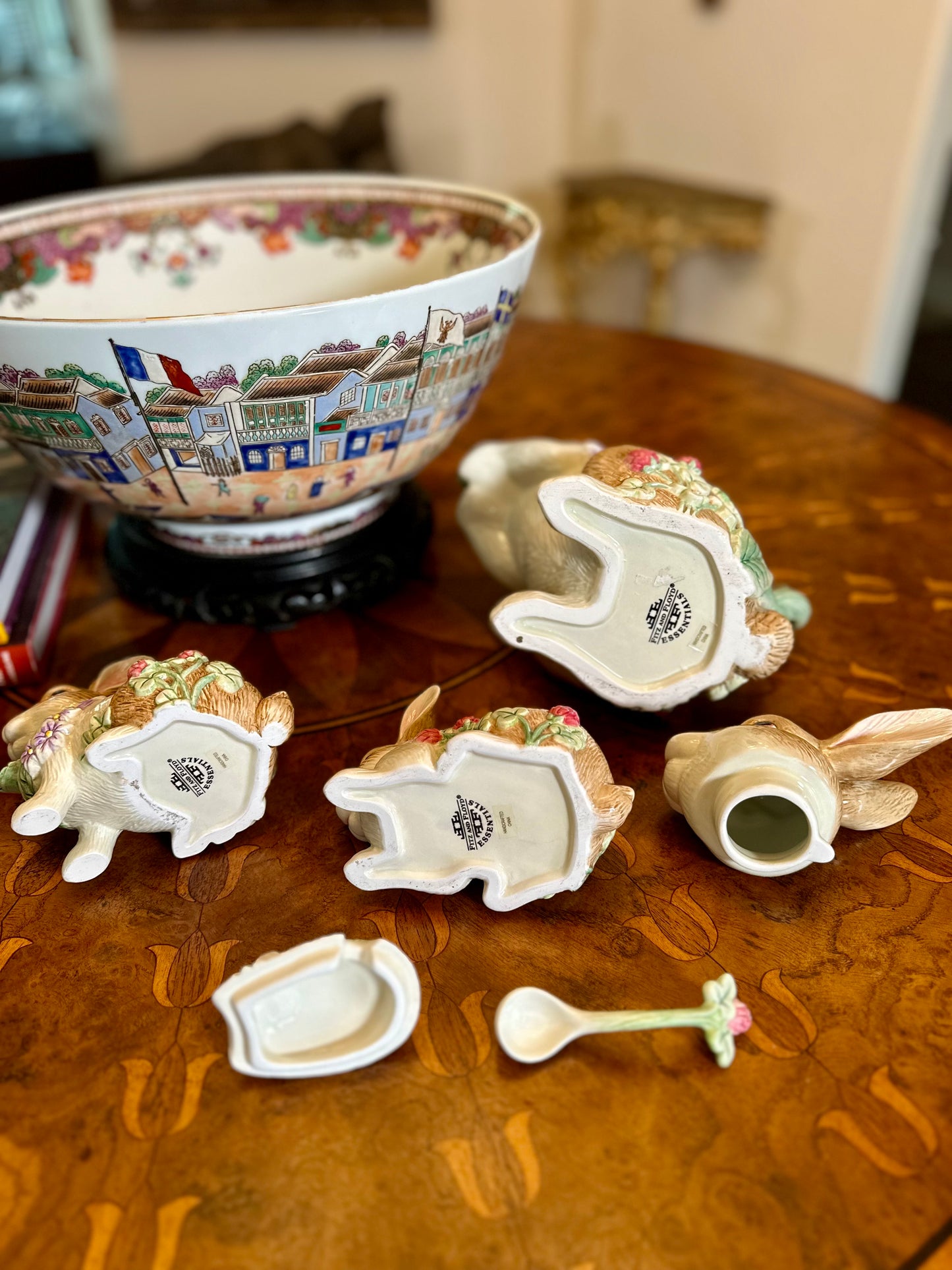 Adorable Fitz & Floyd “Botanical Bunny” Tea Service — Teapot, Lidded Sugar with Spoon & Creamer