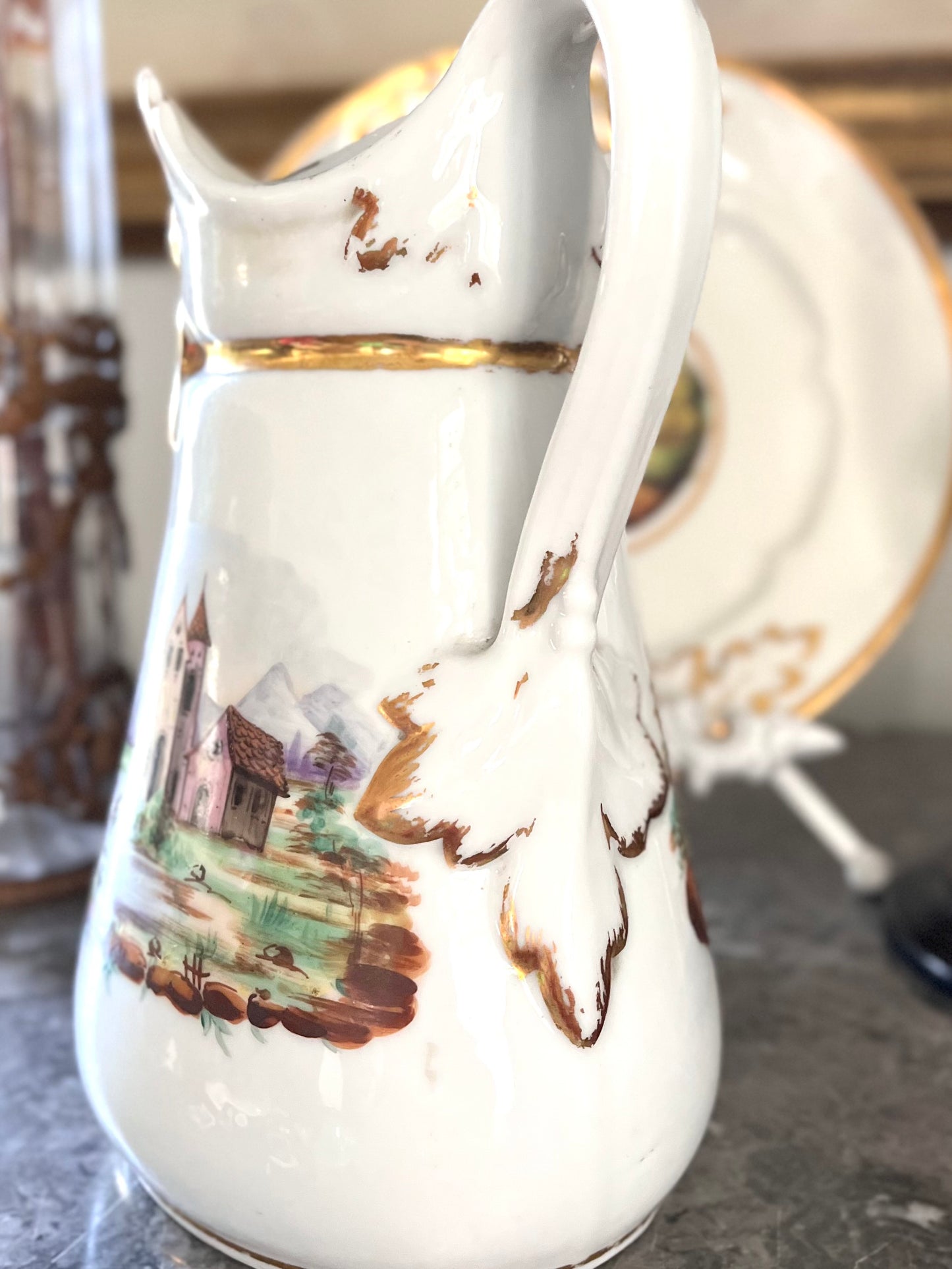 Gorgeous Paris Porcelain Pitcher/Milk Jug Hand Painted Landscape