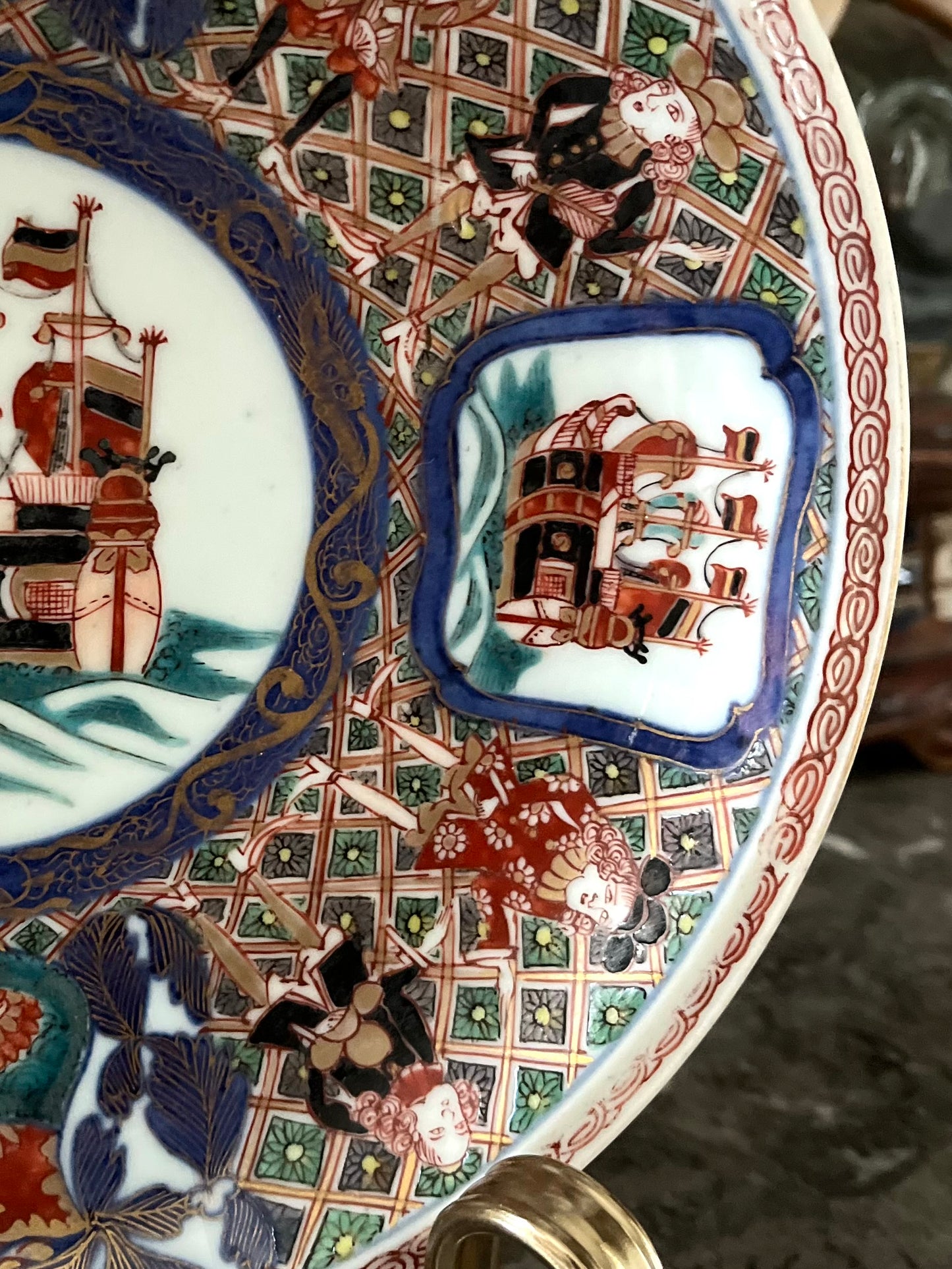 RESERVED - KCDINKS - Live 7/7 Antique Japanese Imari Black Sails Cabinet Plate | Meiji Period Porcelain
