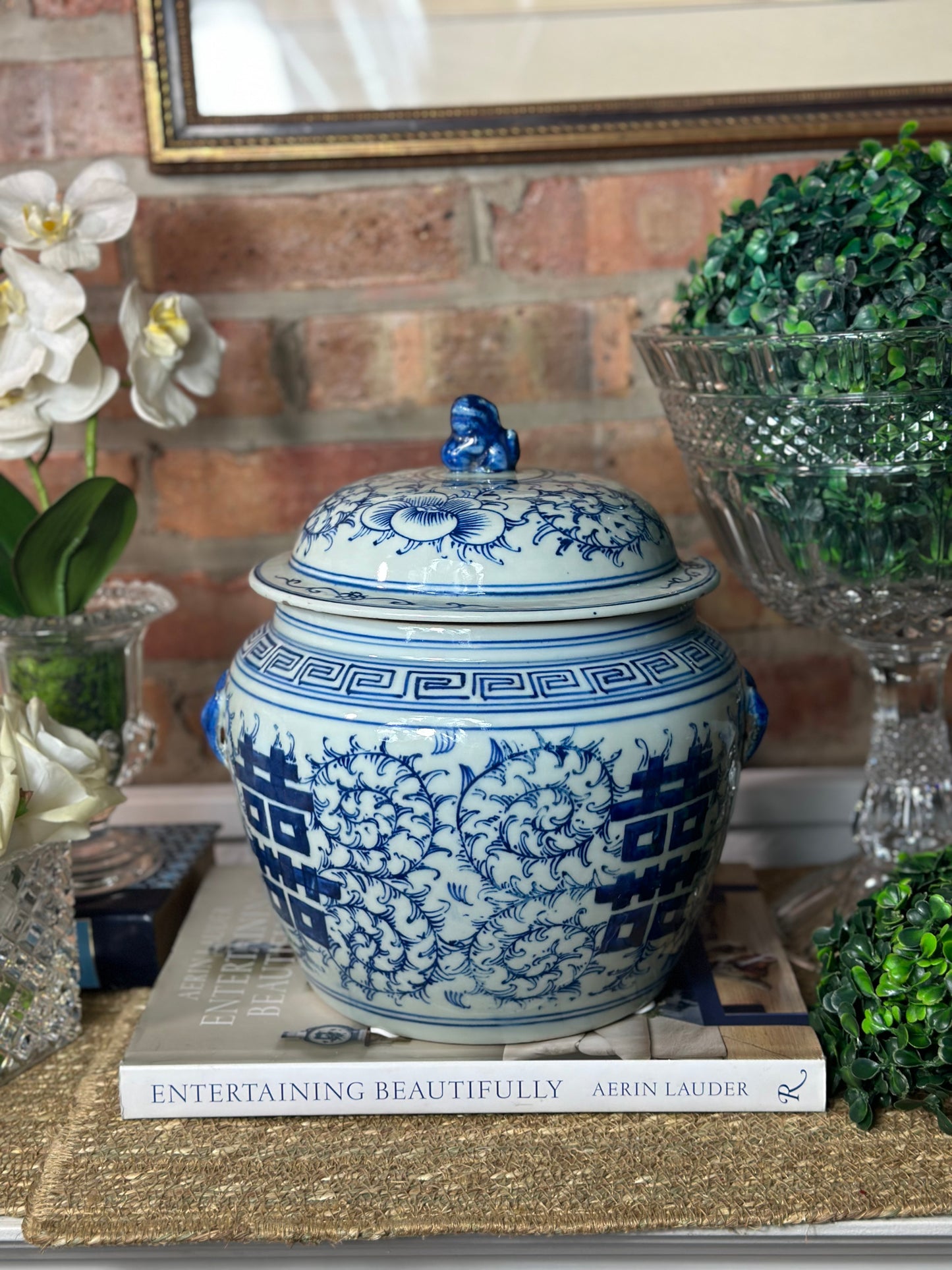 Blue & White Double Porcelain Happiness Lidded Jar, 10" Tall