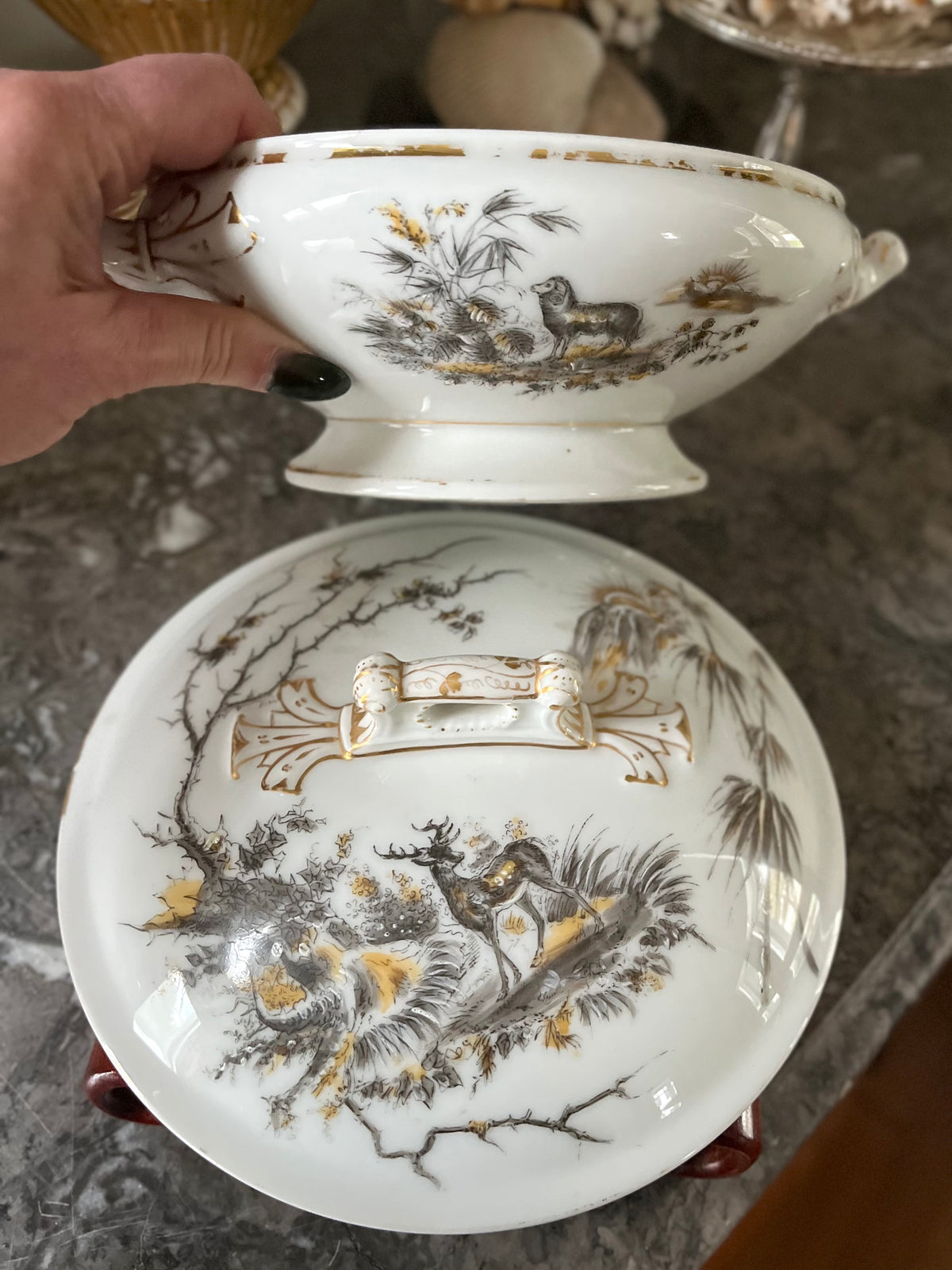 Live 09/22 Exceptional 19th C Haviland Limoges Hand-Painted Pastoral & Game Covered Vegetable Dish