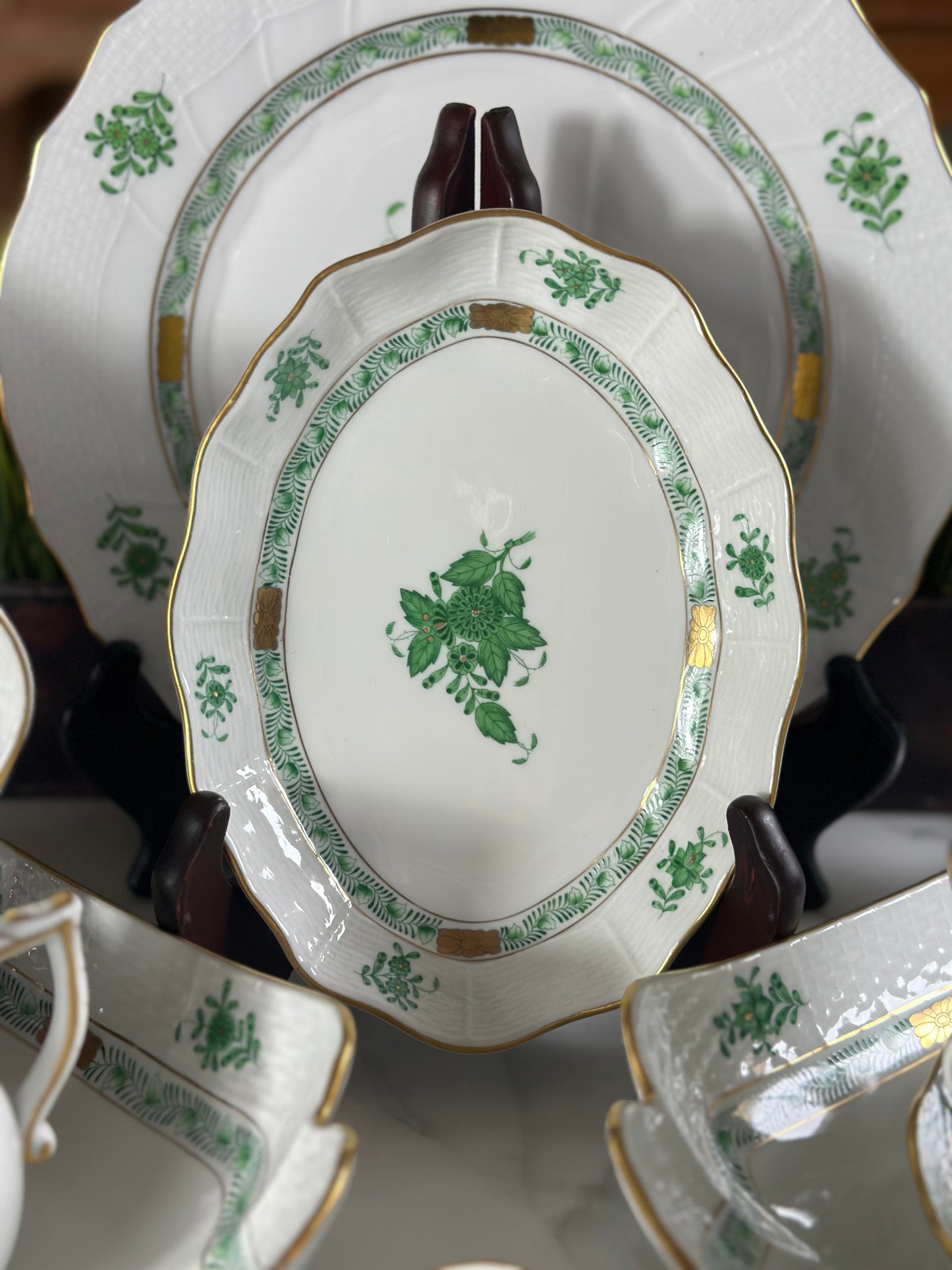 Herend Chinese Bouquet Green Oval Relish Dich - 7 3/4x6" - Pristine!
