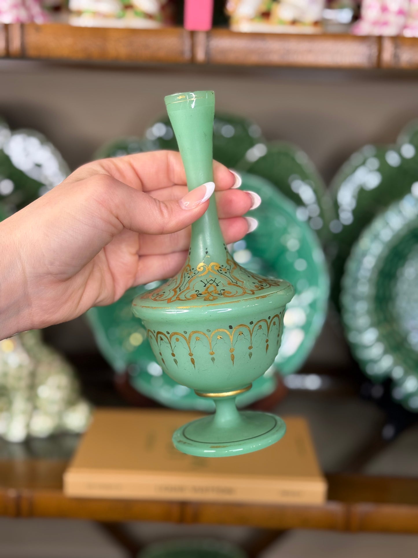 Antique Green Opaline Glass Perfume Bottle with Gilt Decoration, 8” Tall