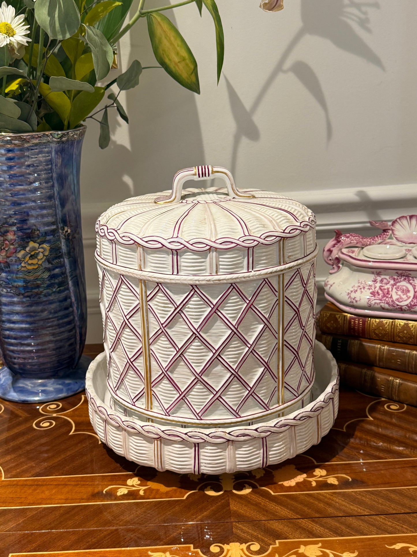 Antique 1880’s COPELAND Raspberry & Gold Lattice Covered Cake Dome on Stand, 11” Diameter, 10” Tall, D1322