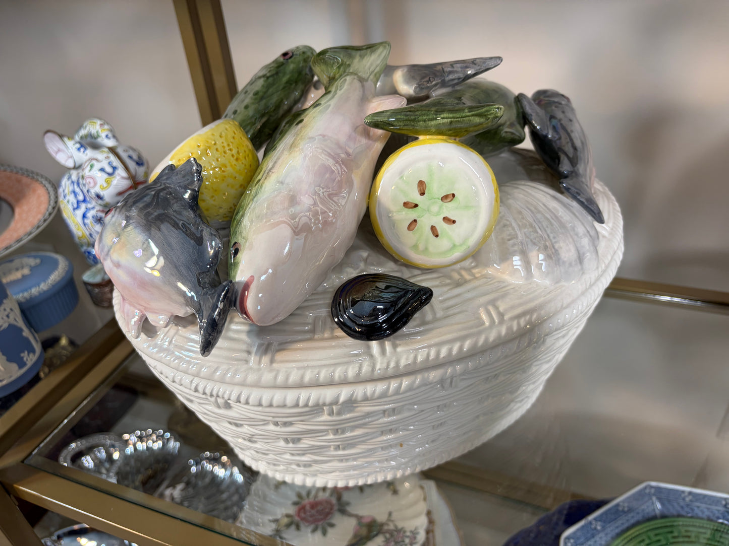 Stunning Italian Fish Tureen with raised fish and lemons and basket design!