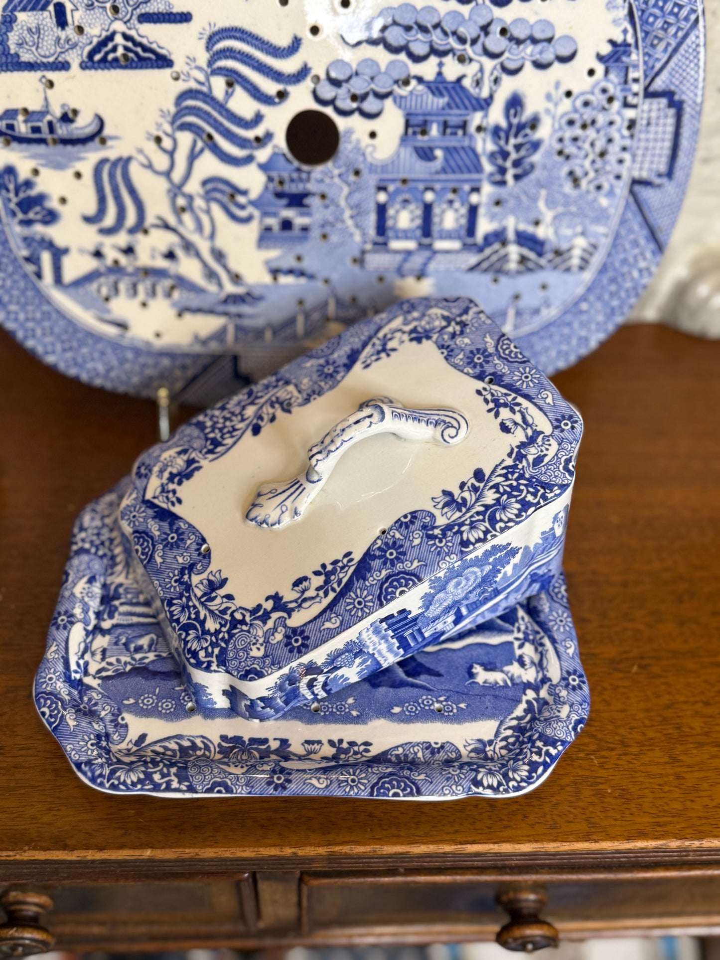 Pristine! Antique Copeland Spode “Blue Italian” Cheese Dish & Cover, c.1920 – English Transferware - DA4284