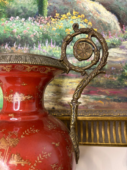 Gorgeous red and gold 18” vase with bronze ormolu handles and base!