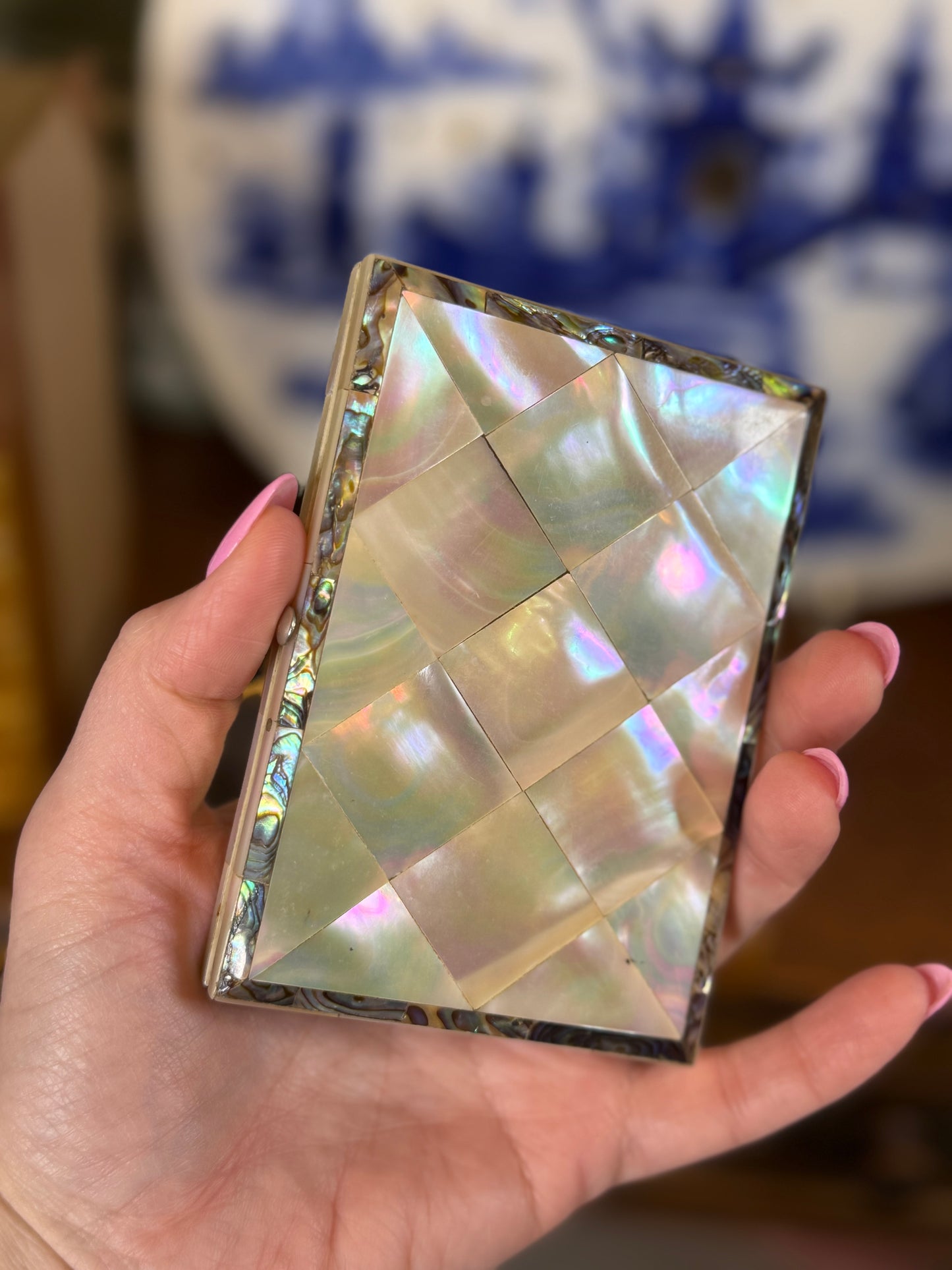 RESERVED - Antique Mother-of-Pearl Accordion Calling Card Case | Abalone Trim | Victorian Era | 4” x 3”