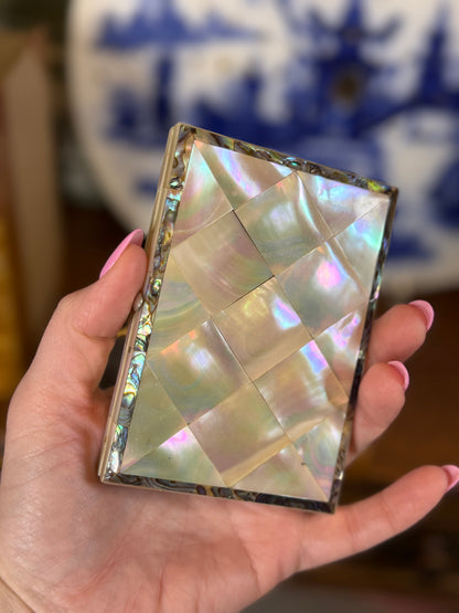 RESERVED - Antique Mother-of-Pearl Accordion Calling Card Case | Abalone Trim | Victorian Era | 4” x 3”
