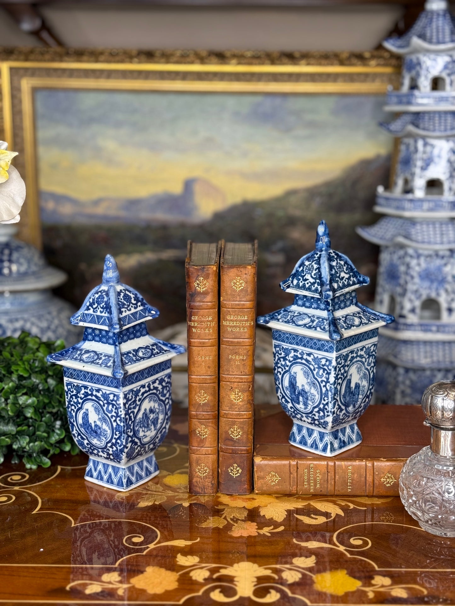 Danny's Fine Porcelain: Petite Blue & White Pagoda Lidded Jar – Courtyard Scene, 8” Tall