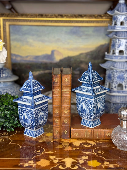 Danny's Fine Porcelain: Petite Blue & White Pagoda Lidded Jar – Courtyard Scene, 8” Tall