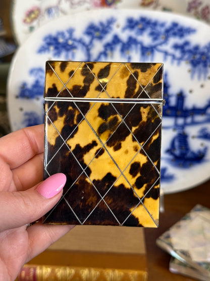 Antique Tortoiseshell & Silver Inlaid Calling Card Case | Georgian/Victorian Era | 4” x 3” | As-Is