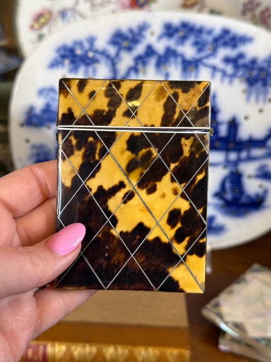 Antique Tortoiseshell & Silver Inlaid Calling Card Case | Georgian/Victorian Era | 4” x 3” | As-Is