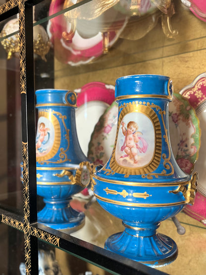 Pair Antique French Sèvres Porcelain Vases | Bleu Céleste | Hand-Painted Putti & Floral Panels | Marked c.1841