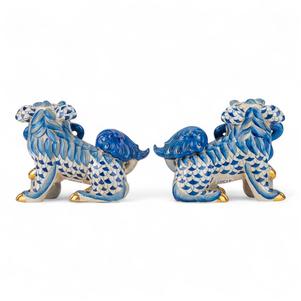 Danny’s Fine Porcelain - Blue & White Spaniel Foo Dog Figure Pair W/ Gold Accent: 17Lx4.5Wx6.5H
