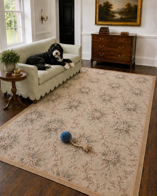 Exceptional French Handwoven Aubusson Floral Rug – 6’ x 9’ – Soft Palette Romantic Rose & Floral Design