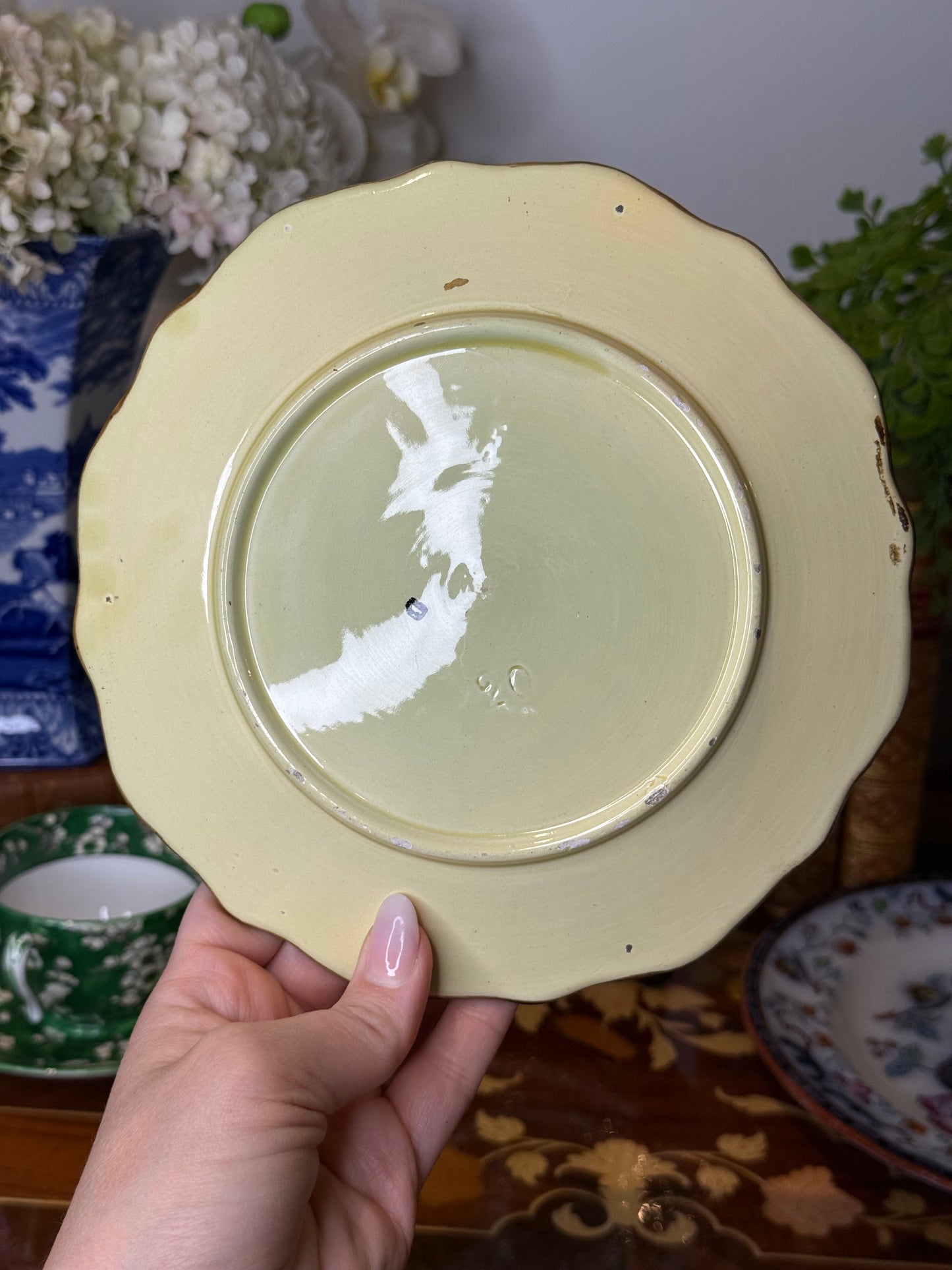 Pair of Antique English Majolica Botanical Plates | Grape Vine & Horse Chestnut Leaf | Victorian Cabinet Plates | 7¼” & 7¾”